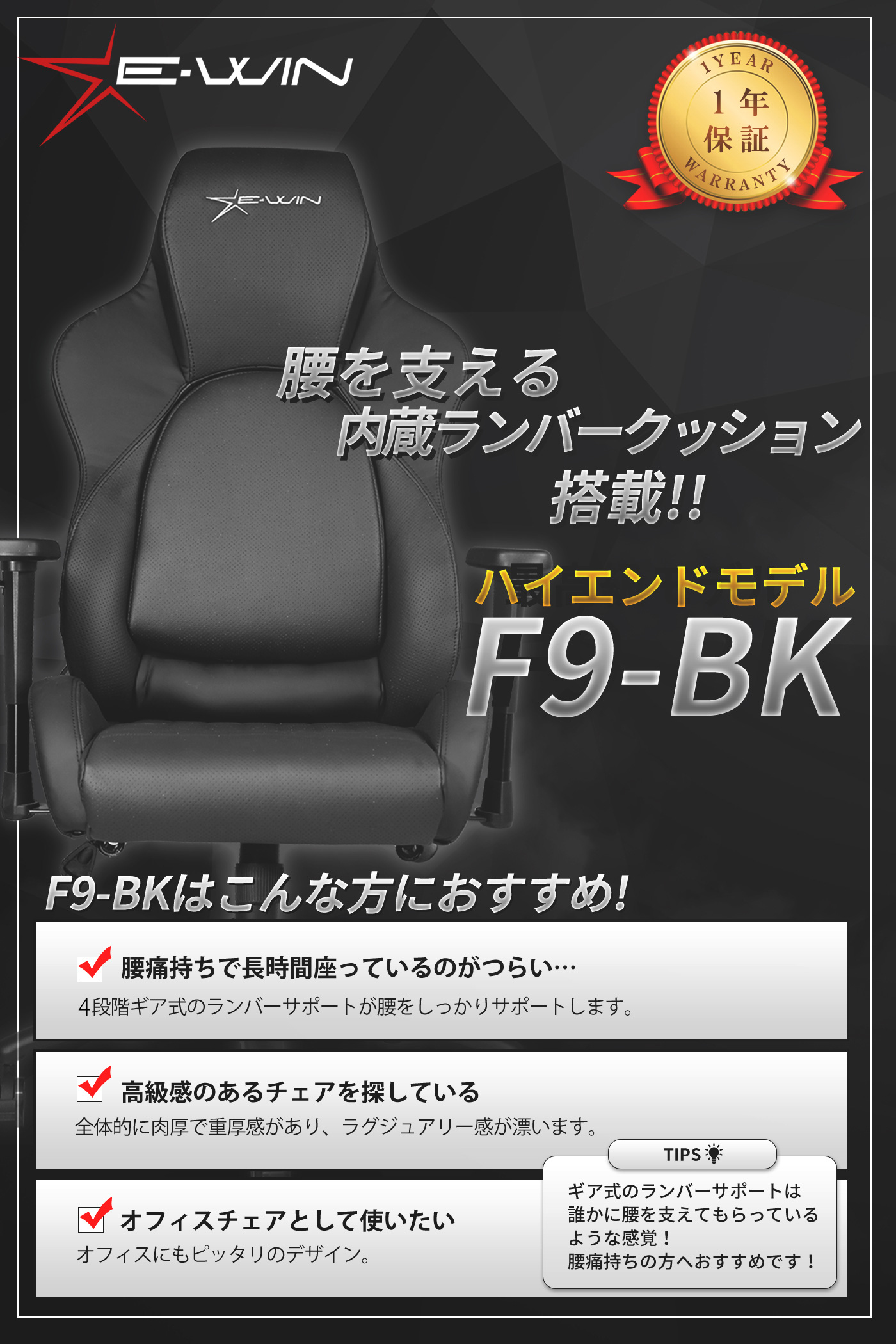 E Winゲーミングチェア E Win ゲーミングチェア F9 Bk 黒